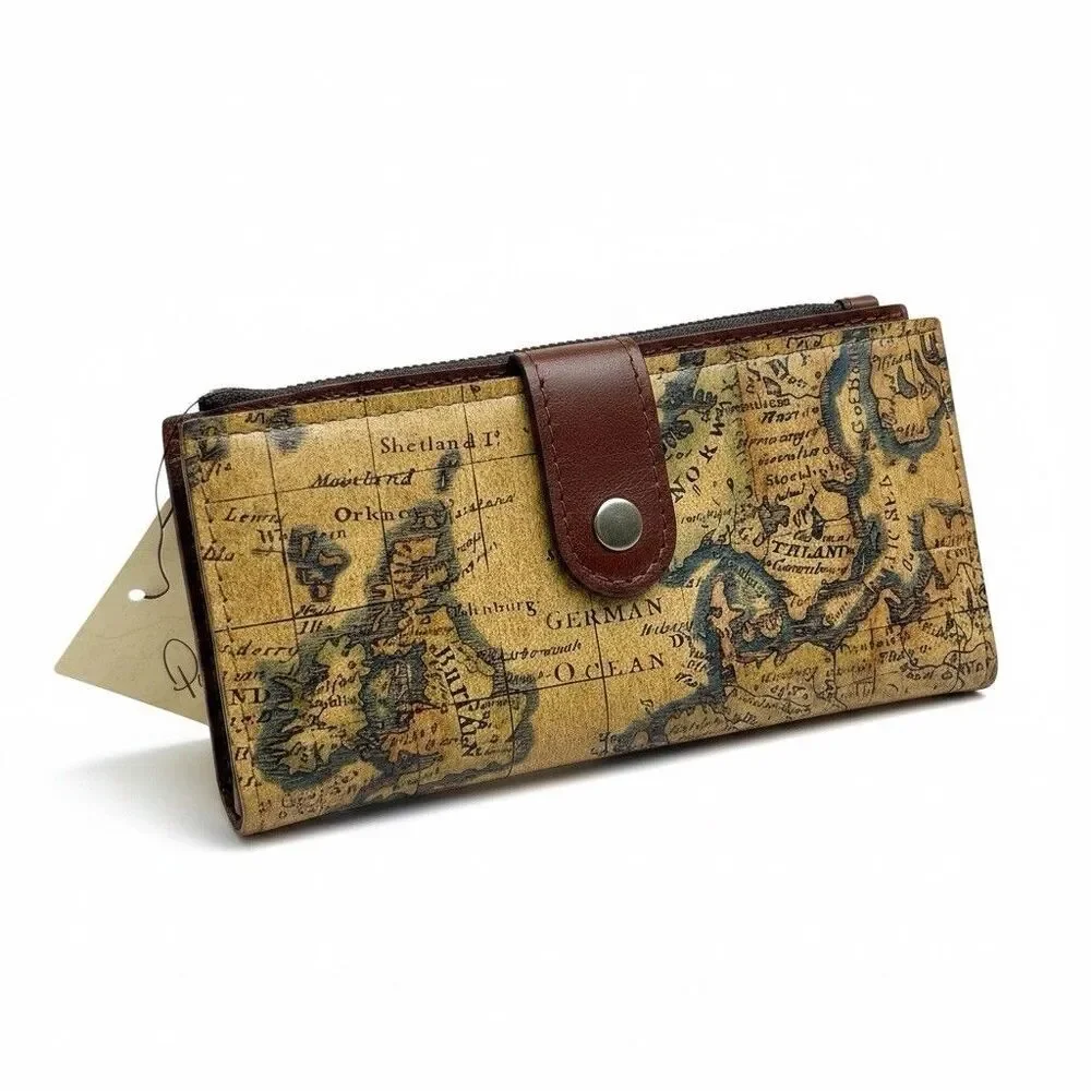 Patricia Nash Nazari Leather Wallet European Map Print Bifold Snap Close Travel